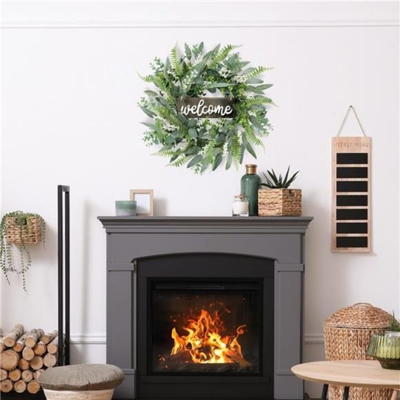 Green Artificial Eucalyptus Wreath with Welcome Sign 20in Mixed White Berries - Picture 3 of 7